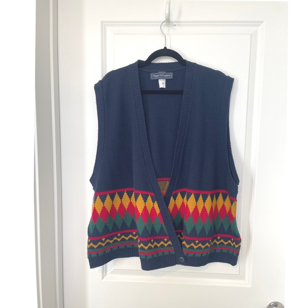 Maggie McNaughton 3X Navy Womens Fair Isle Sweater Vest Cardigan Vintage
